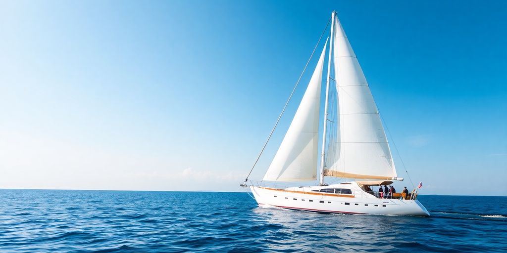 Sailboat adrift on calm blue ocean water.