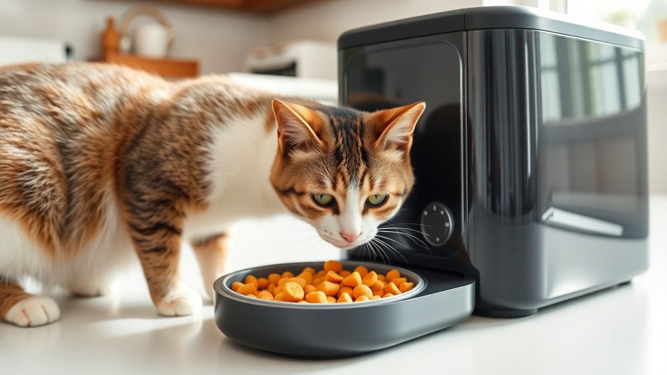 Cat enjoying fresh food from refrigerated automatic feeder
