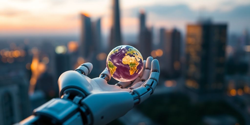 Roboterhand hält leuchtenden Globus