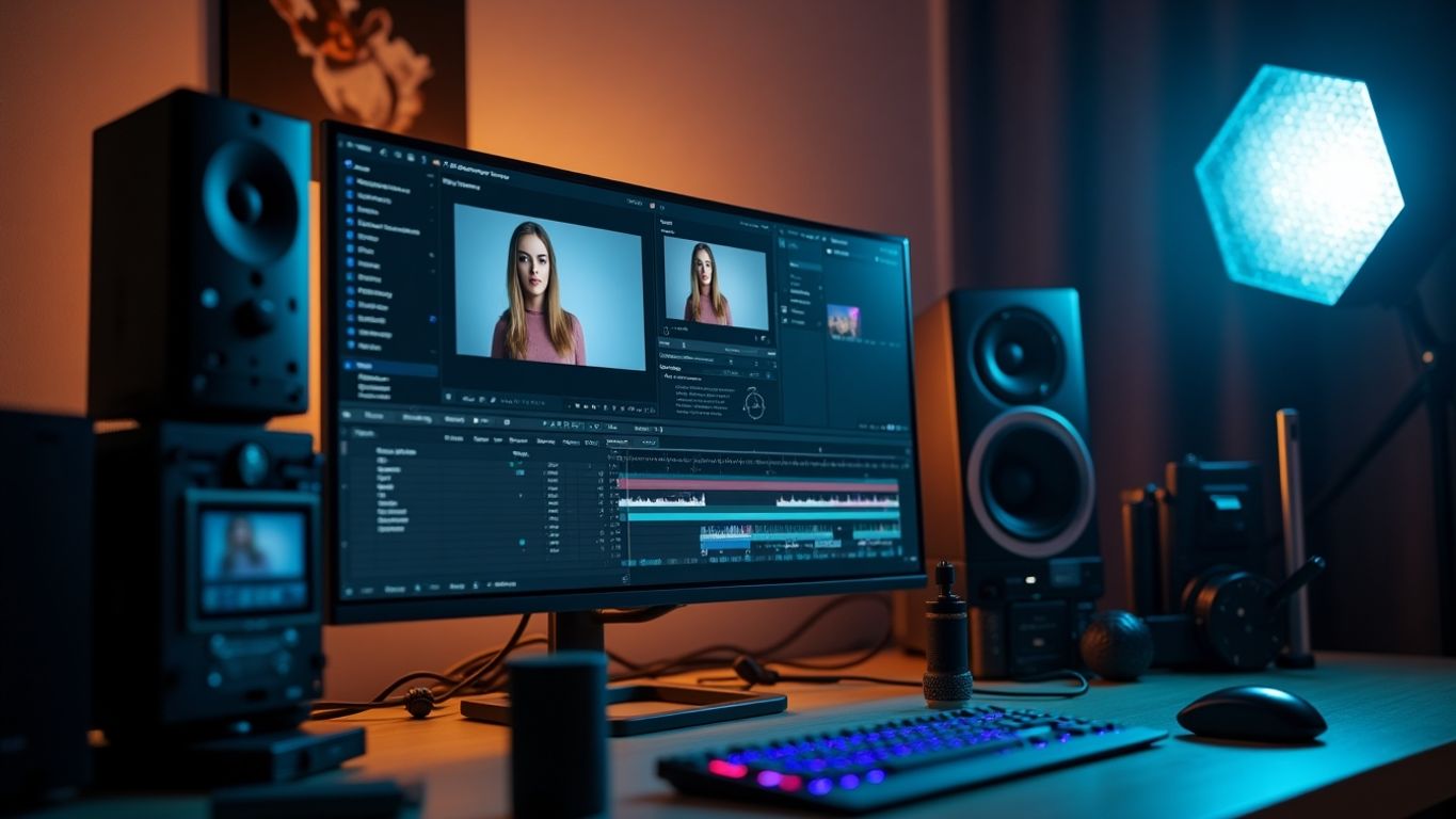 Computer screen with video editing software and tools.
