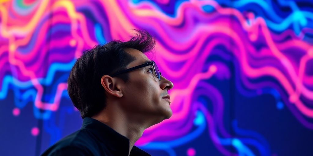 Person analyzing colorful market patterns.