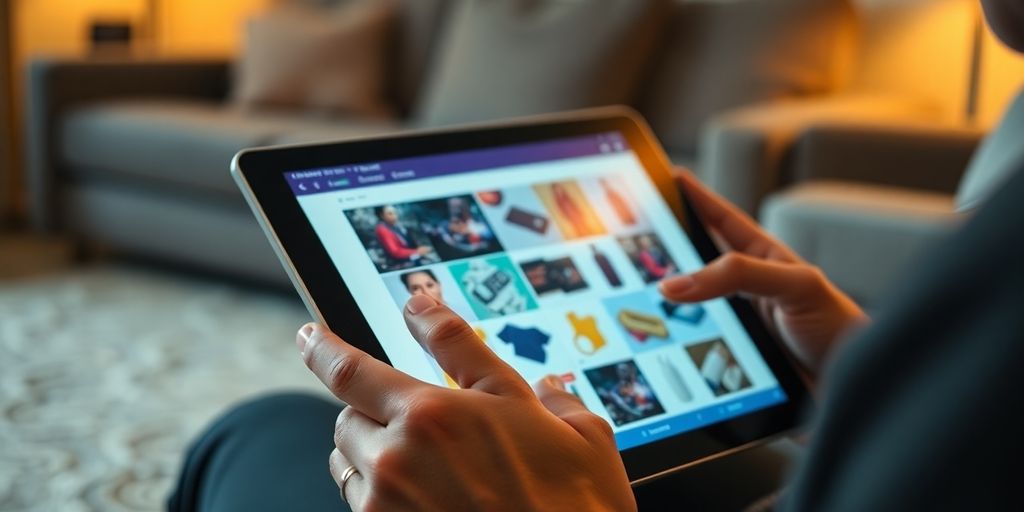 Customer happily views personalized online product recommendations.