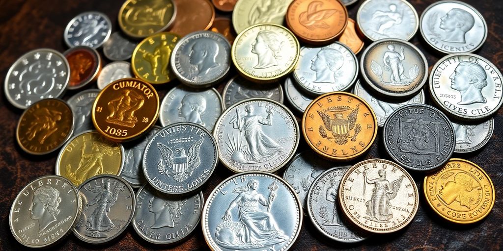 Colorful coins displayed for collectors in Dallas.