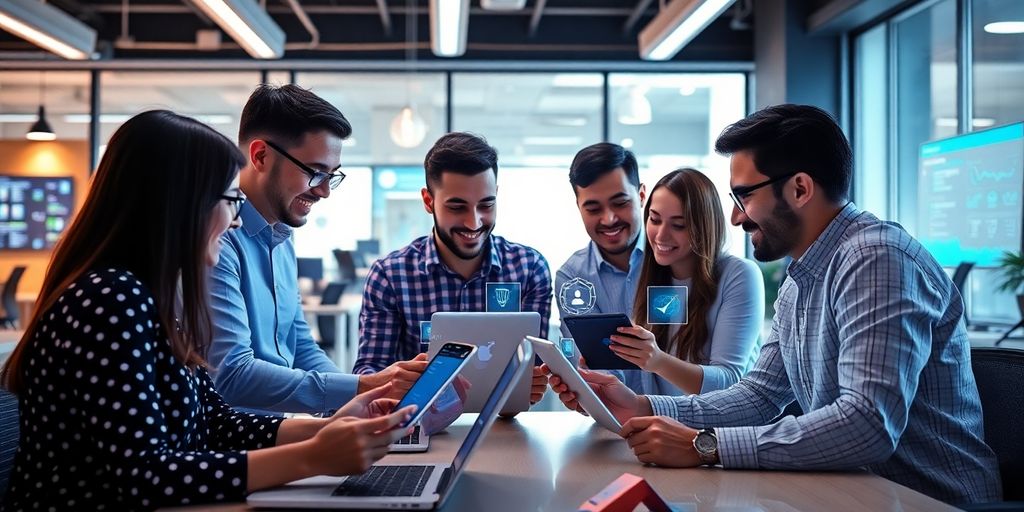 Equipe de marketing digital com tecnologia de inteligência artificial.