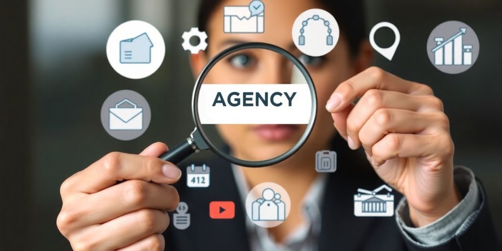 Magnifying glass over diverse agency icons.