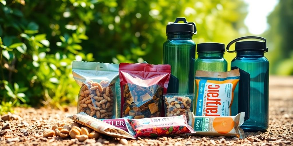 Assorted trail snacks and water bottles on a hiking trail.