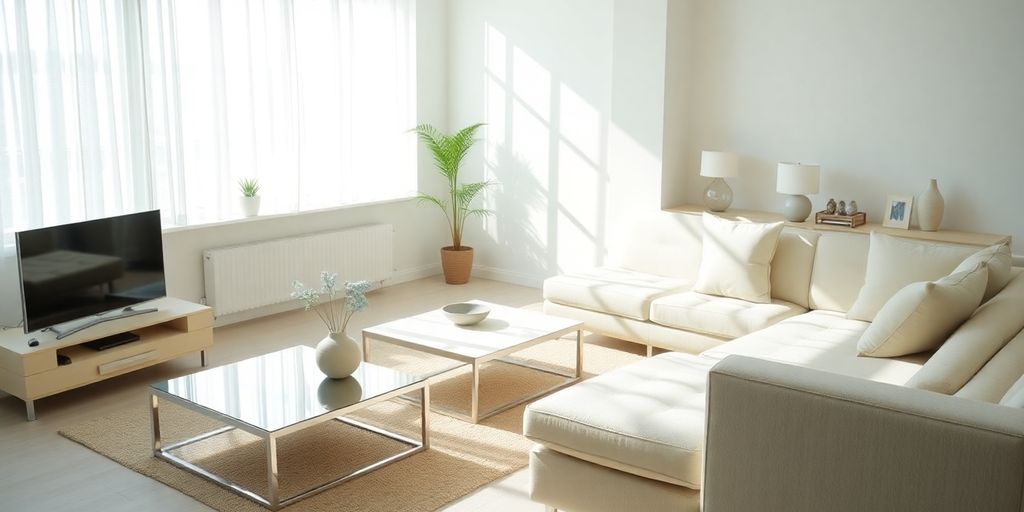 Maison lumineuse avec meubles organisés et espaces clairs.