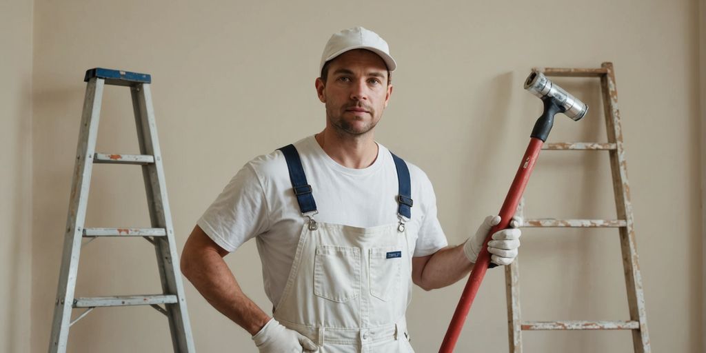 Painter with roller in freshly painted room.
