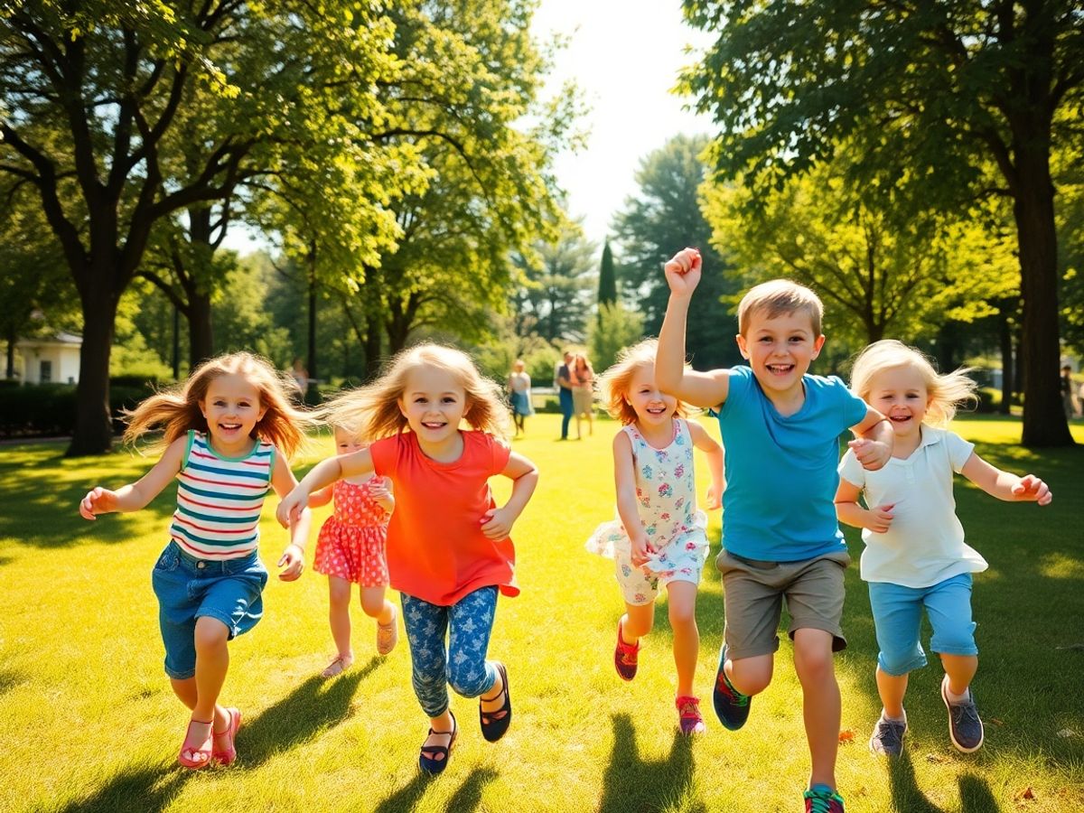 Copii zâmbind alergând într-un parc verde.