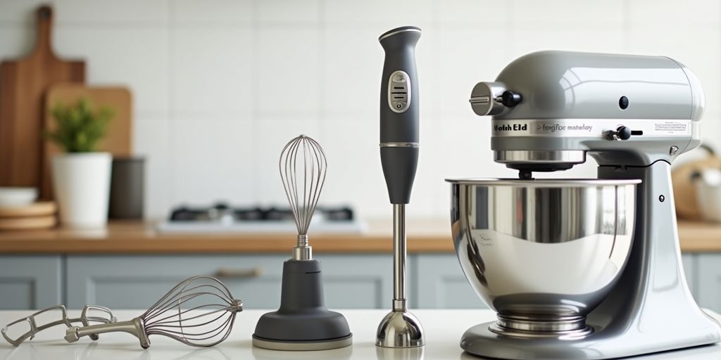 Standmixer und Stabmixer auf einer Küchenarbeitsplatte.