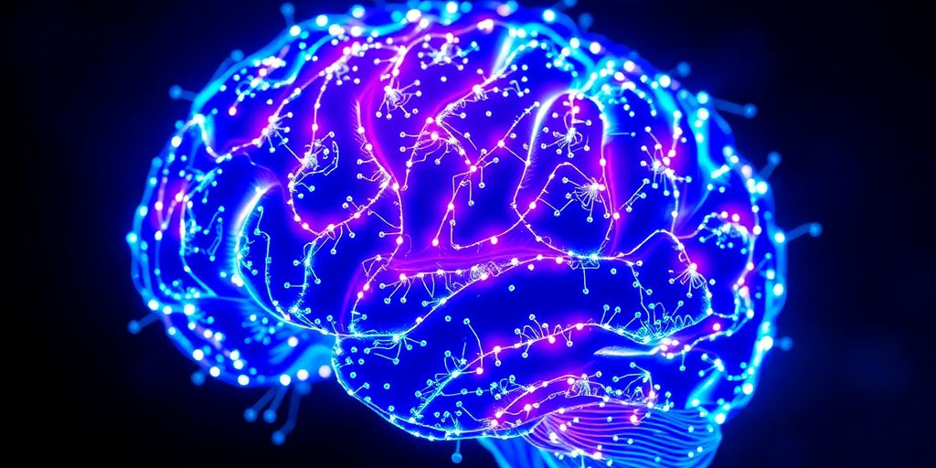 Abstract digital brain with glowing neural pathways.