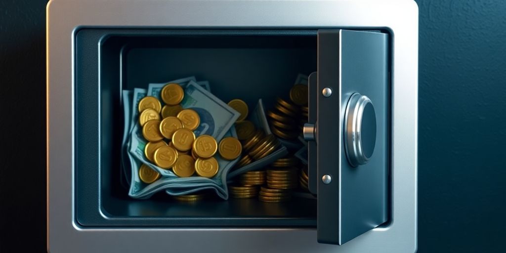 Coffre-fort sécurisé avec pièces d'or et billets.