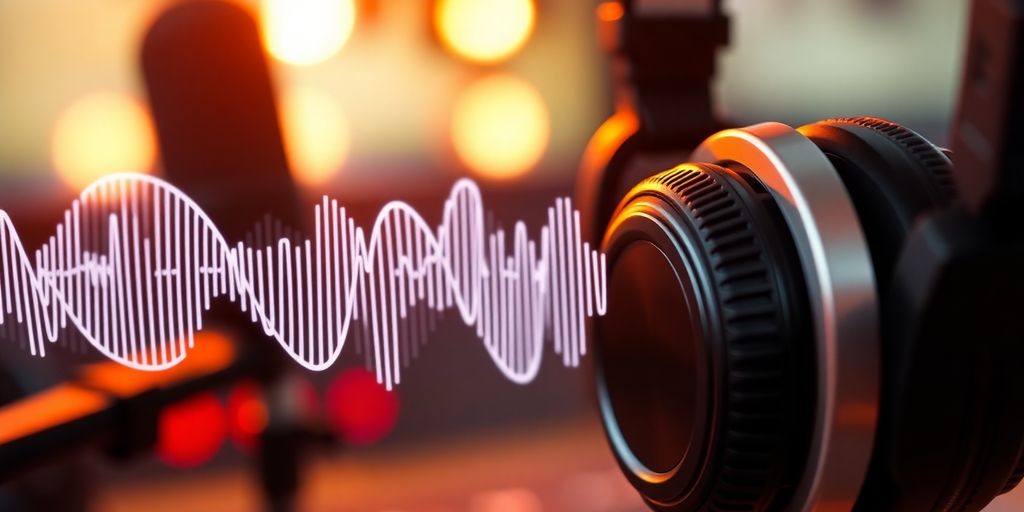 Podcast audio waves and headphones.