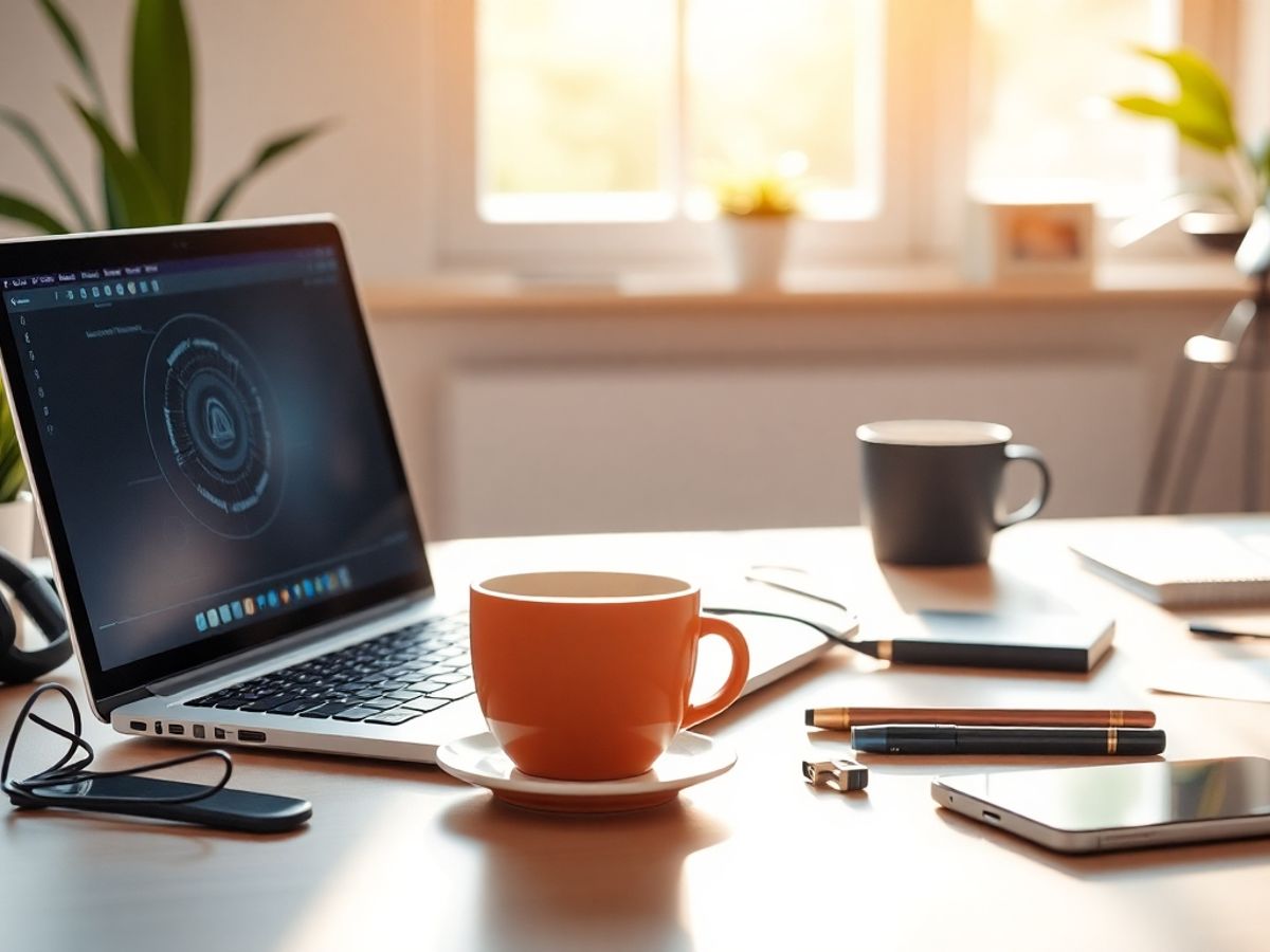 A modern workspace with laptop and coffee cup.