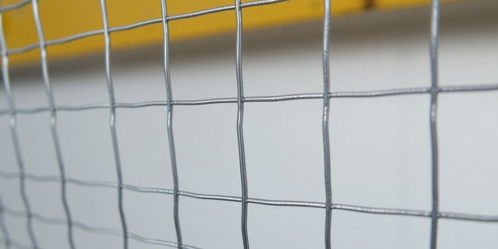 Close-up of welded wire mesh with metallic texture.