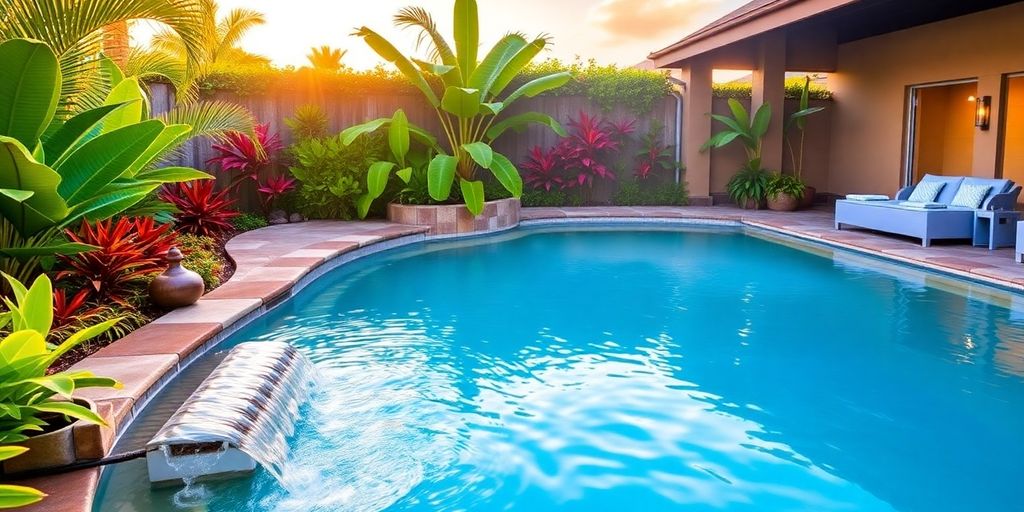 Tranquil spa pool with lush greenery and soft lighting.