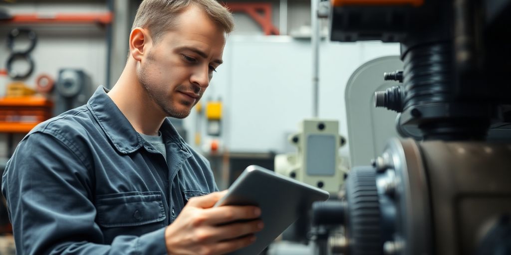 Technician using tablet for predictive maintenance in industry.