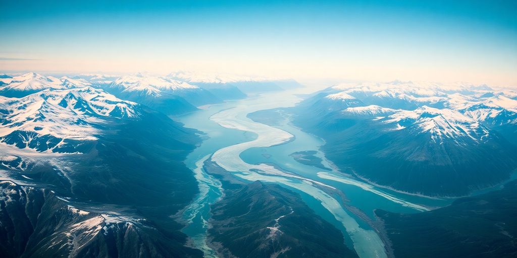 A helicopter flies over snow-covered Alaskan mountains and blue glaciers.