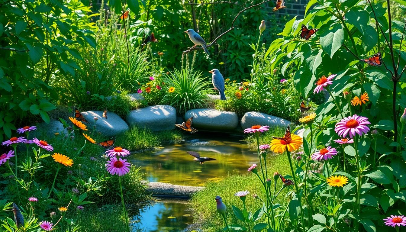 Wildlife-friendly garden with plants, pond, and butterflies.