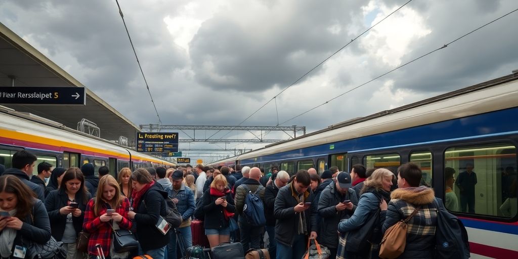 Gare bondée avec passagers inquiets en attente de trains.