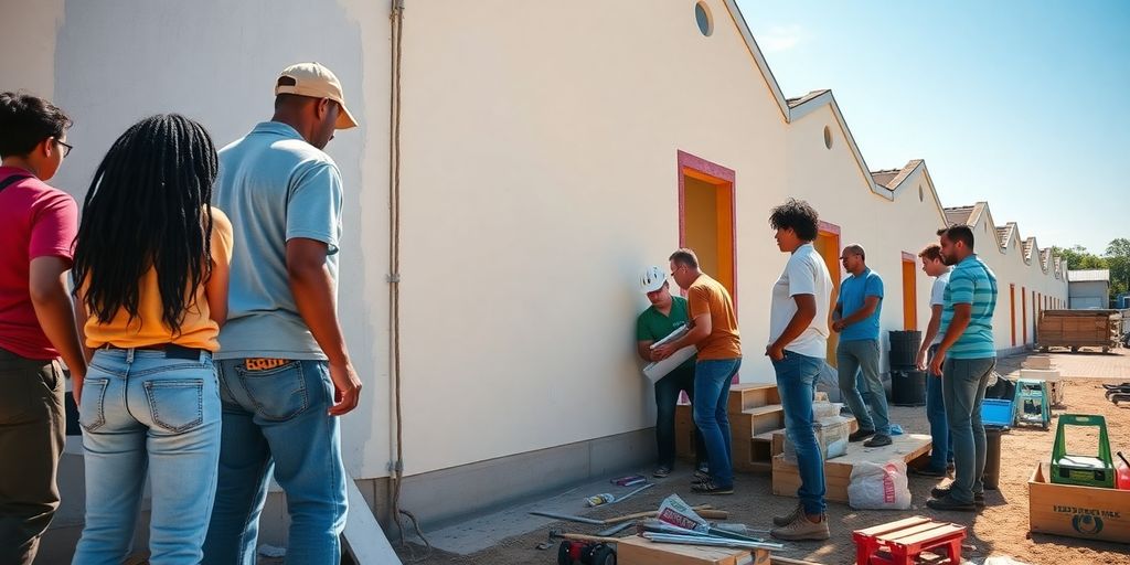 Volunteers collaborating on a housing project for the homeless.