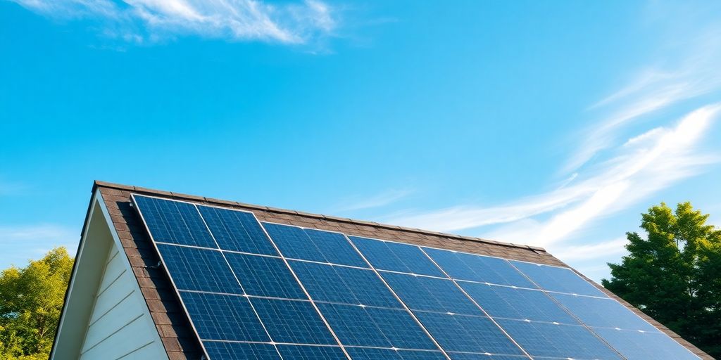 Solar panels on a rooftop with a sunny sky.