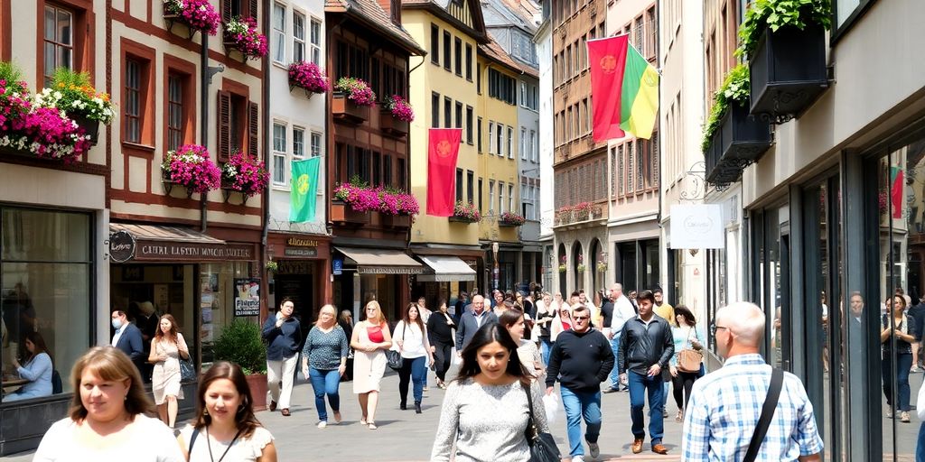 Blick auf belebte Einkaufsstraße in München.