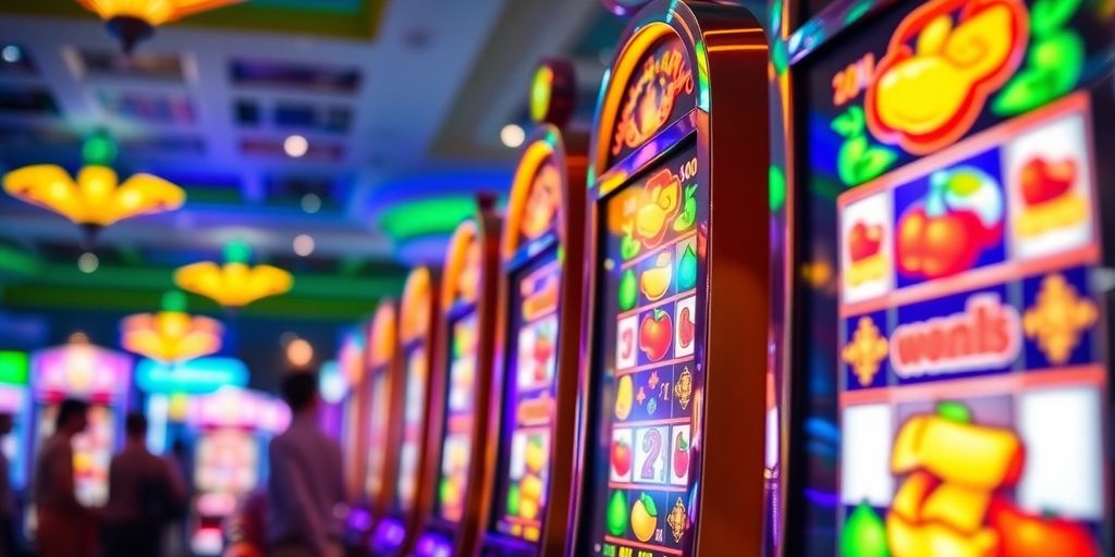 ภาพของเครื่องสล็อตคาสิโนที่มีแสงสว่างสดใส
