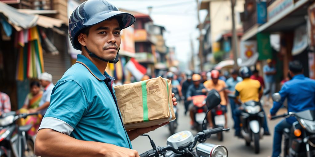 Courier delivering package in vibrant Nepali street.