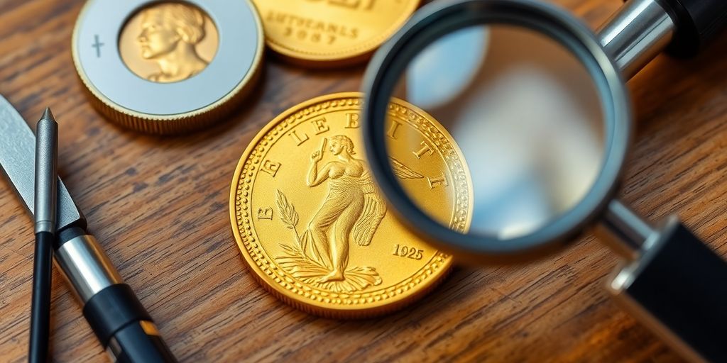 Pièce d'or de collection avec outils d'évaluation.