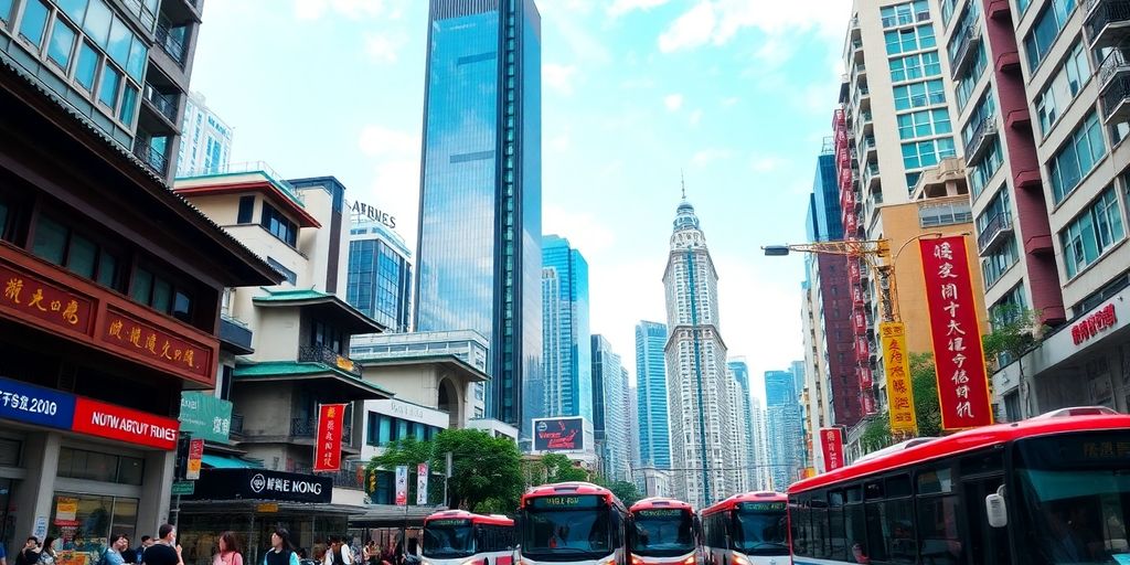 Busy Hong Kong street with diverse transport options.