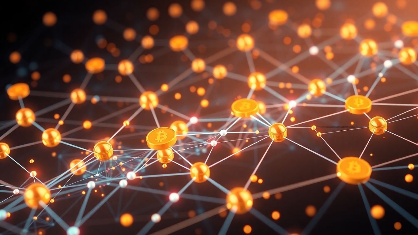 Solana blockchain network with digital currency streams flowing.
