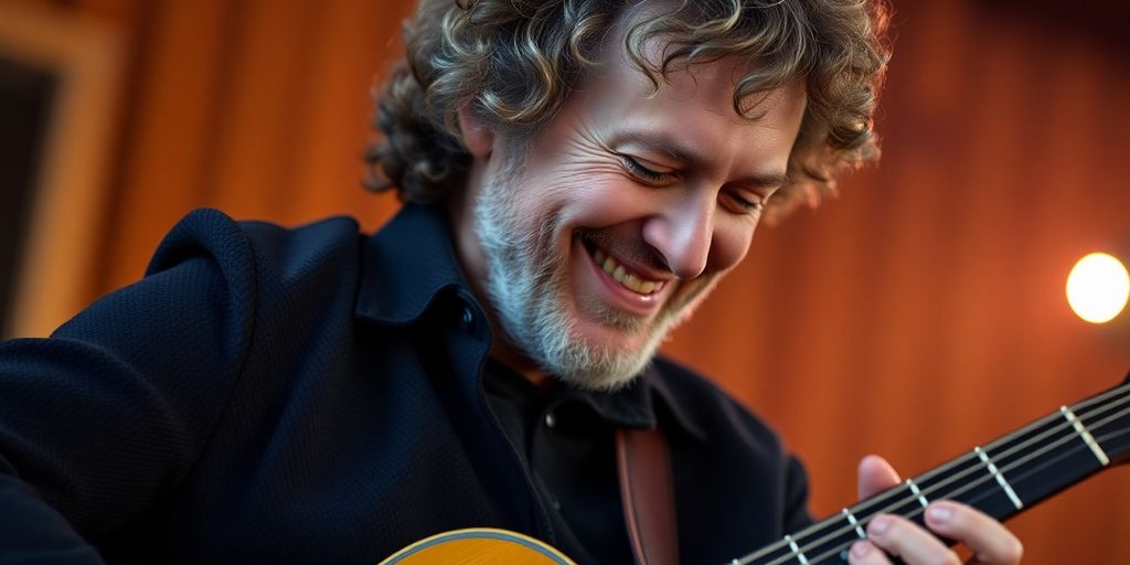 Lindsey Buckingham smiling, playing guitar.