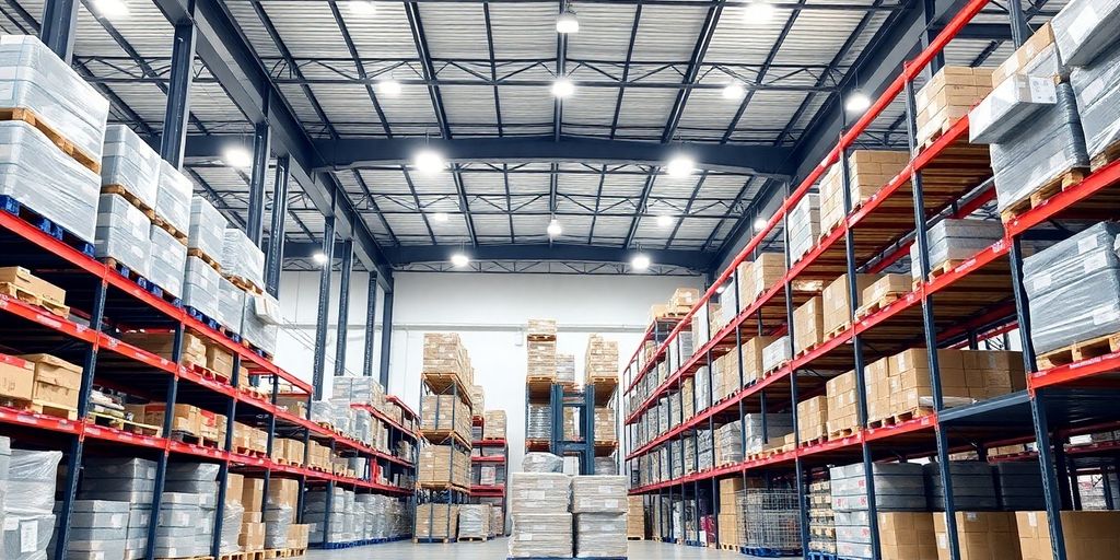 Modern warehouse with organized shelves and efficient storage.