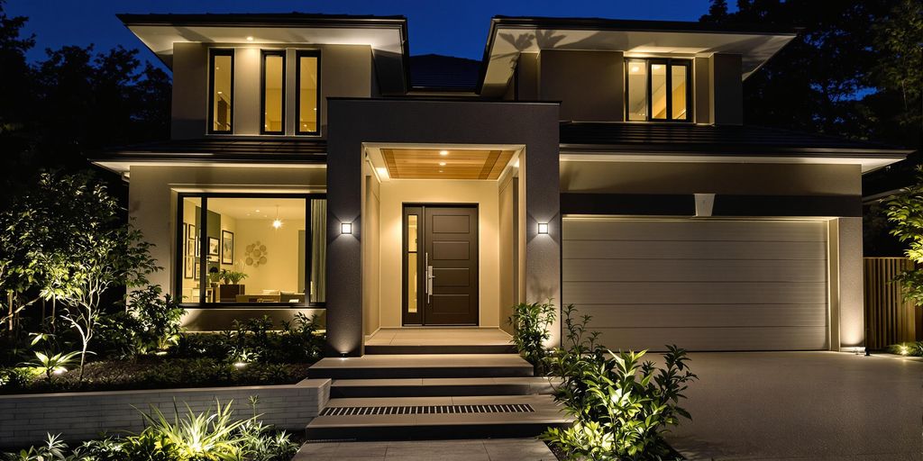 Motion sensor lights brightening a home's exterior at night.