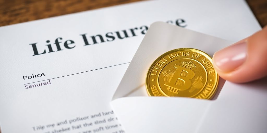 Une main plaçant une pièce d'or dans une enveloppe d'assurance vie.
