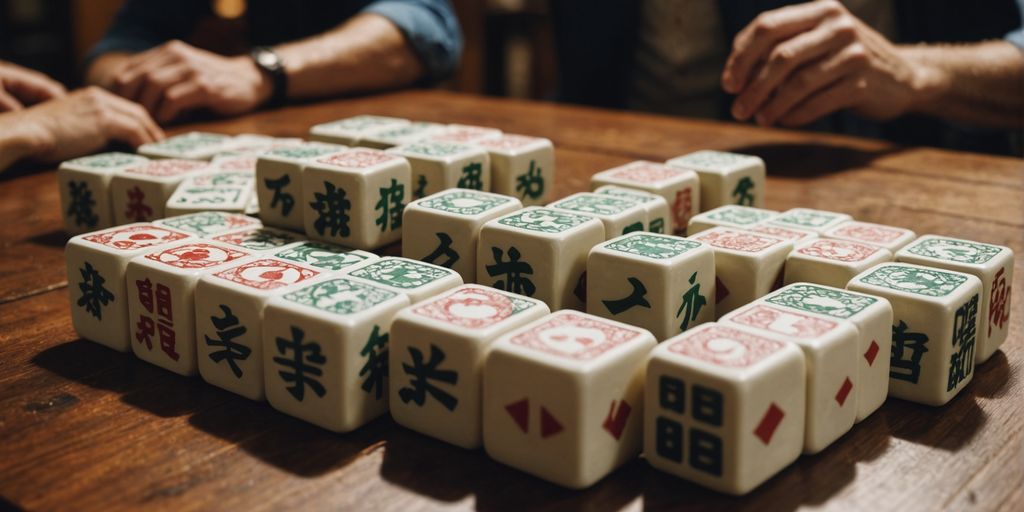 Players engaged with giant Mahjong tiles on wooden table.