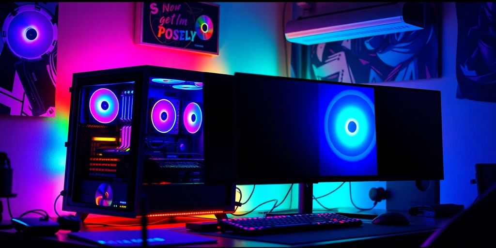 PC da gaming avanzato con illuminazione RGB e monitor.