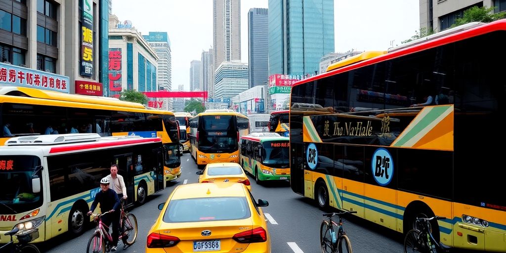 Busy Shanghai street with various modes of transport.