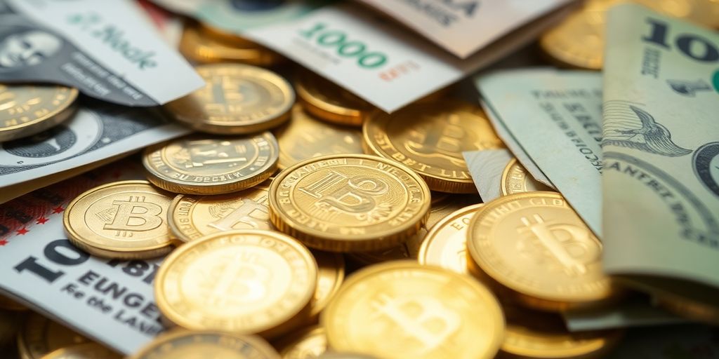 Pièces d'or et billets de banque dispersés sur une surface.