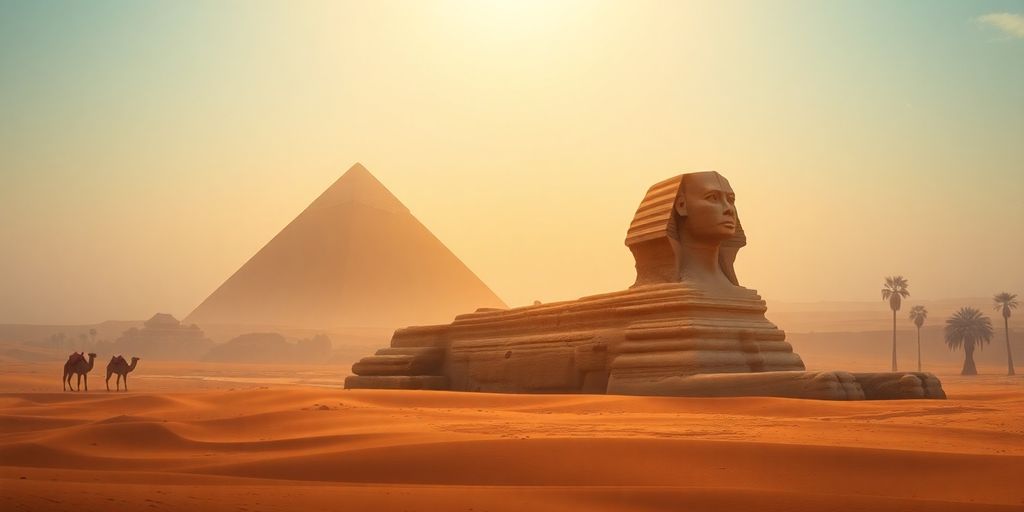 Pyramids and Sphinx under a clear desert sky.