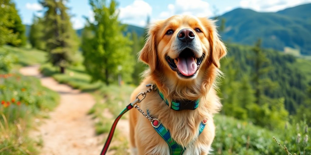 Dog on leash hiking mountain trail.