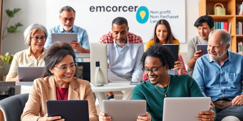 Diverse individuals in a virtual meeting for non-profits.