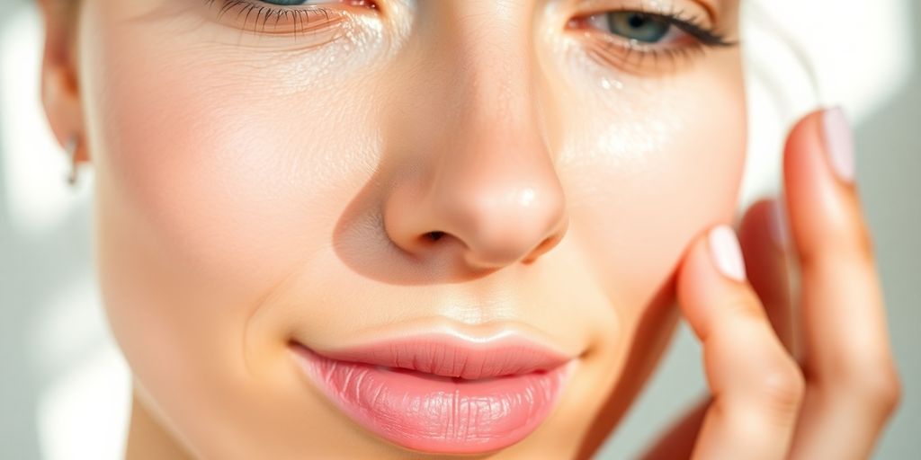 Woman with glowing, dewy skin illuminated by soft light.