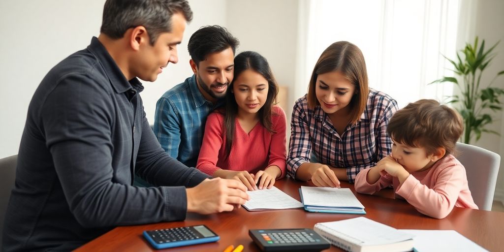 Família discutindo finanças em um ambiente acolhedor.