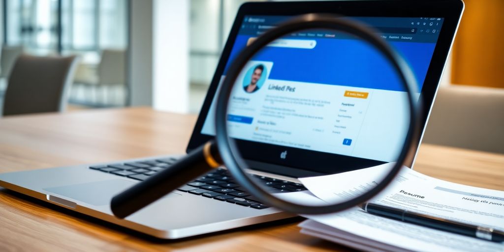 Laptop displaying LinkedIn, magnifying glass, resume.
