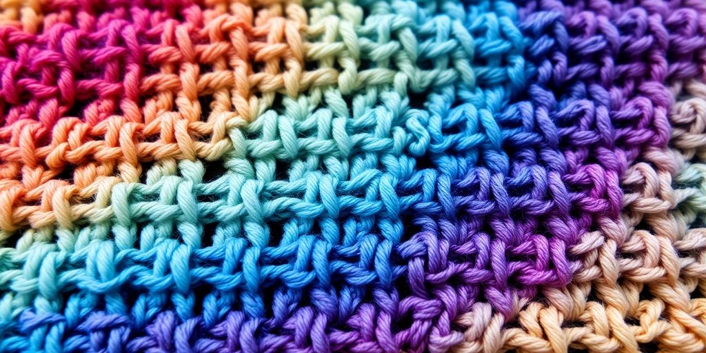 Crocheted fabric with vibrant, transitioning colors.