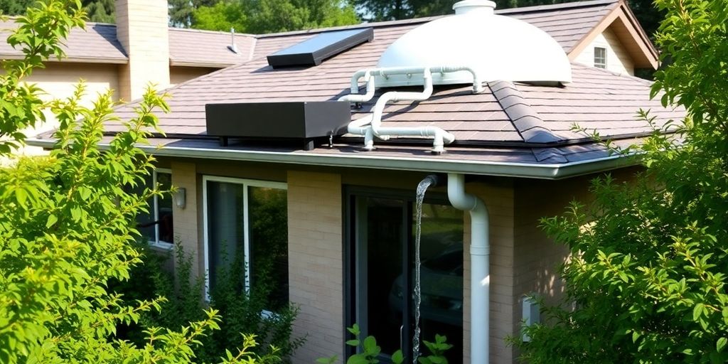 Rooftop rainwater system collecting water.