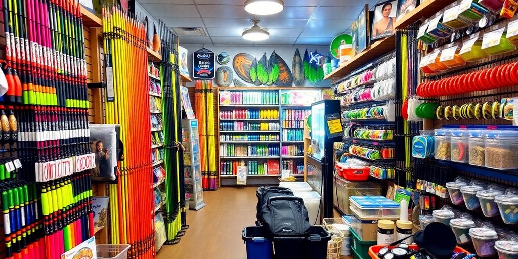 Colorful fishing gear displayed in a local tackle shop.