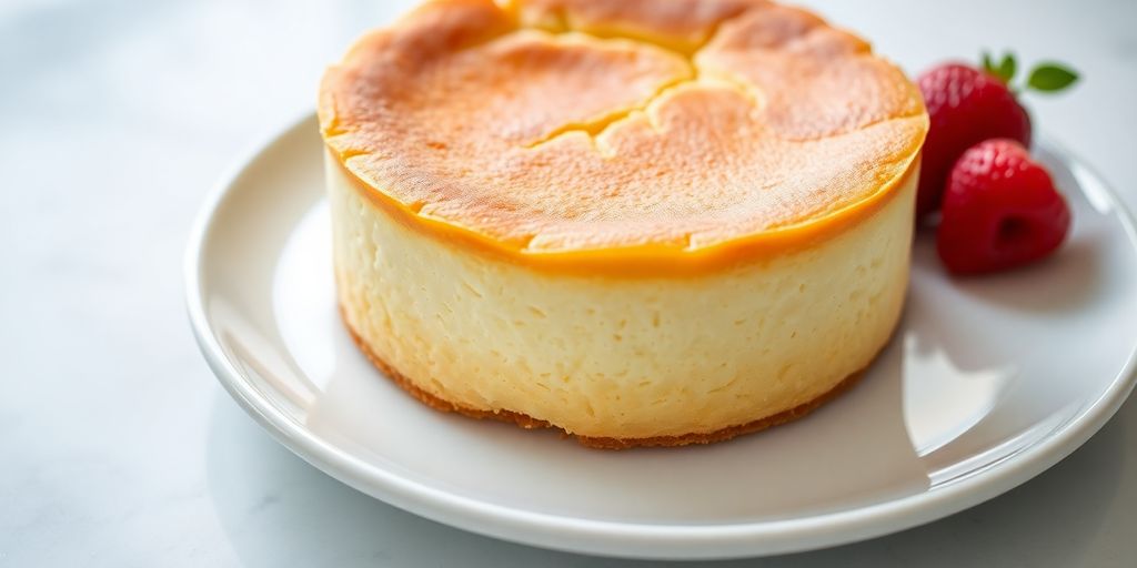 Fluffy Japanese souffle cheesecake on a white plate.